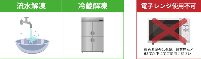 解凍方法は流水解凍もしくは冷蔵解凍でお願いいたします。電子レンジは使用不可。温める場合は温湯、温蔵庫など、65℃以下にてご使用ください。